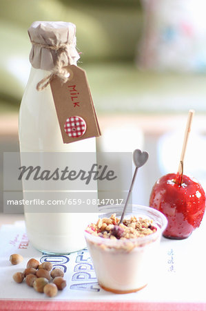 Milk with yogurt and a toffee apple
