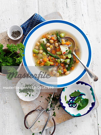 Vegetable soup with chickpeas and herbs