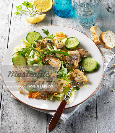 A mixed salad with fried red snapper and herbs