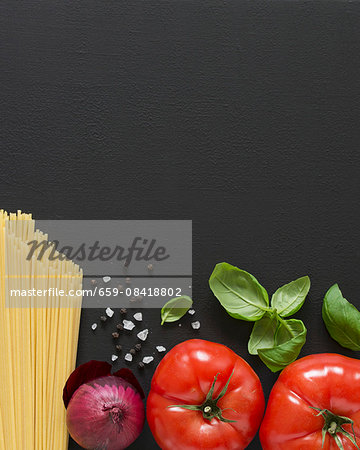 Ingredients for spaghetti with tomato sauce