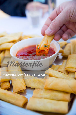 Platter of Fried Spring Rolls with Dipping Sauce