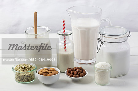 Various types of vegan milk with ingredients Various types of vegan milk with ingredients
