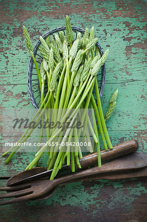 Wild asparagus in a basket on a rustic wooden table with salad servers