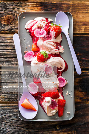 Strawberry Eton Mess with strawberry sorbet and candied rose petals