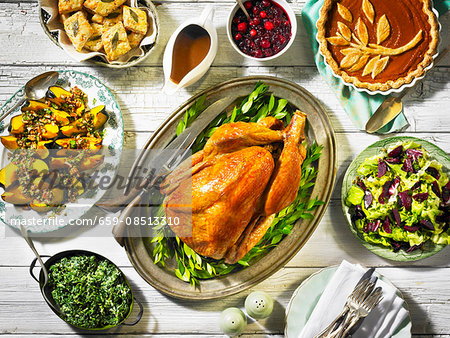 Thanksgiving roast turkey with sides (seen from above)