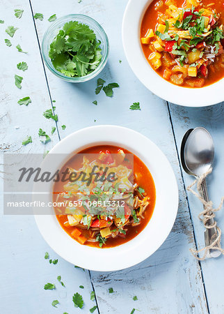 Mulligatawny soup, garnished with fresh coriander Mulligatawny soup, garnished with fresh coriander