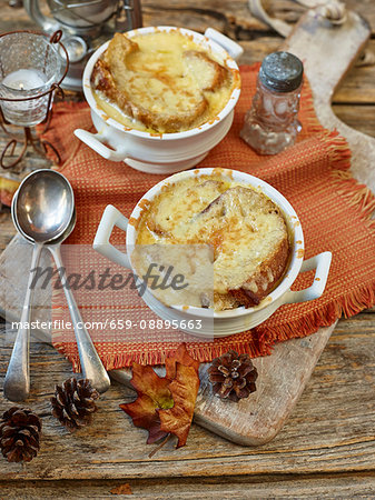 french onion soup with baked cheese on toast