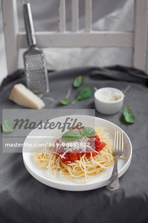 Spaghetti with tomato sauce garnished with grated parmesan and fresh basil leaves