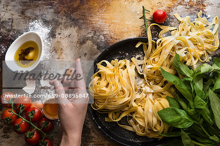 Tagliatelle, tomatoes, herbs and eggs