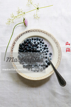 Blueberries with milk on linen