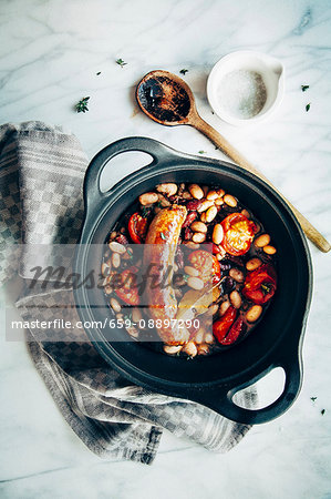 bean stew, sausage, tomatos, fresh thyme, bayleaf, white and kidney beans, salt bean stew, sausage, tomatos, fresh thyme, bayleaf, white and kidney beans, salt