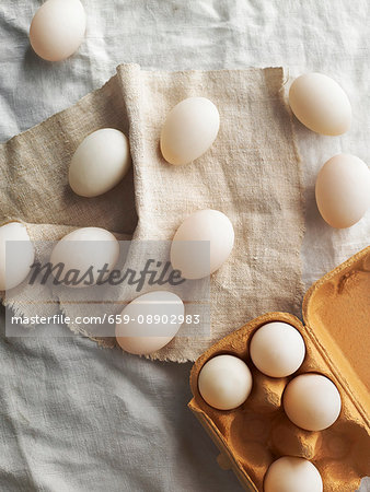 White eggs on a linen tablecloth