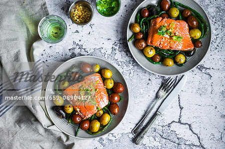 Grilled salmon with beans and potatoes