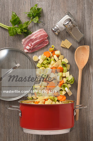 Ingredients of vegetable soup with bacon (seen from above) Ingredients of vegetable soup with bacon (seen from above)