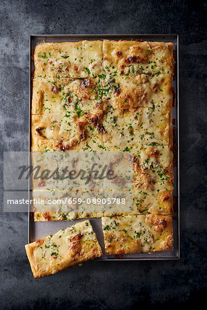 Four-cheese pizza on a baking tray