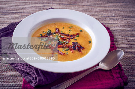 Pumpkin soup with chorizo