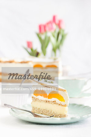 Cake with apricots, pudding and cream