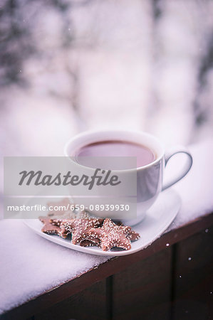 A cup of hot tea with biscuits on a saucer on a snow-covered balcony