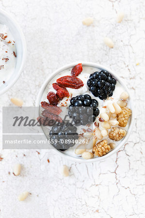 Yoghurt with goji berries, mulberries, blackberries and pine nuts