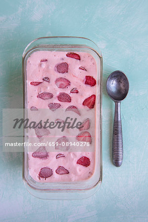 Homemade strawberry ice cream in a glass dish (seen above) Homemade strawberry ice cream in a glass dish (seen above)