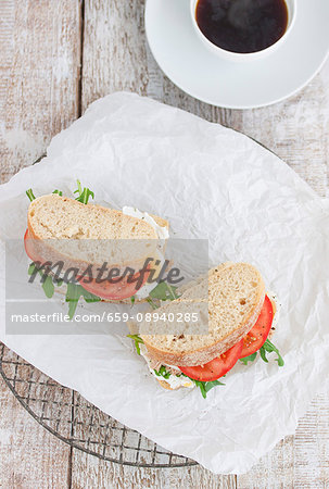 Ciabatta sandwiches with tuna fish, quark, rocket, tomatoes and egg