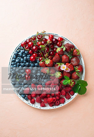 Fresh berries and cherries on a plate on a coloured surface Fresh berries and cherries on a plate on a coloured surface