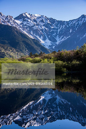 Reflection Of Mountain In Taisho Pond Nagano Prefecture Japan Stock Photo Masterfile Premium Royalty Free Code 669