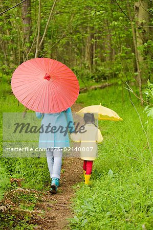 Mother and daughter walking in forest