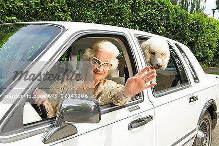 Senior woman and dog in car