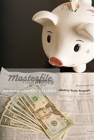 Piggy bank, cash and financial section of newspaper