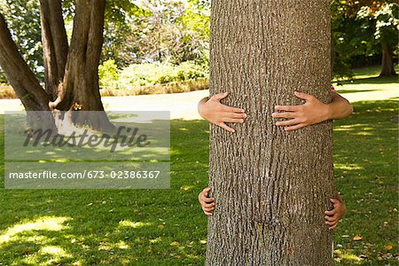 Two children hugging a tree trunk