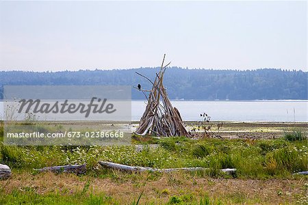 Wooden structure in front of the sea, Washington State, USA