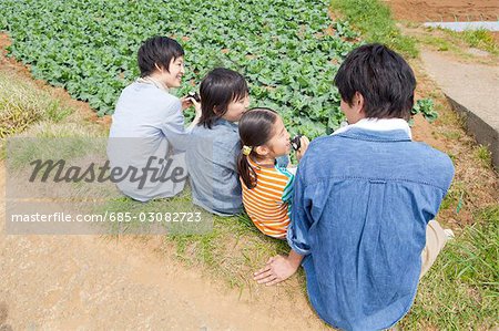 Family sitting on field
