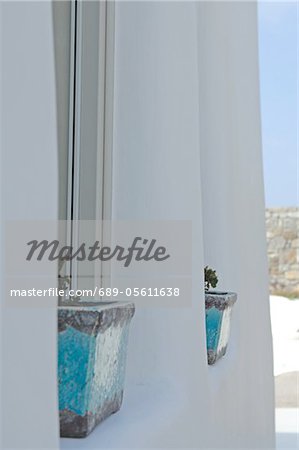 Two Flowerpots On Windowsill Stock Photo Masterfile Premium