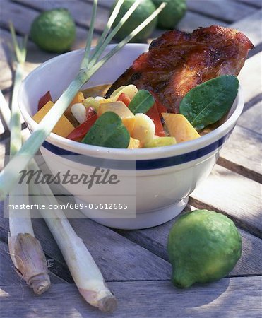 Bowl of fruit salad with bacon