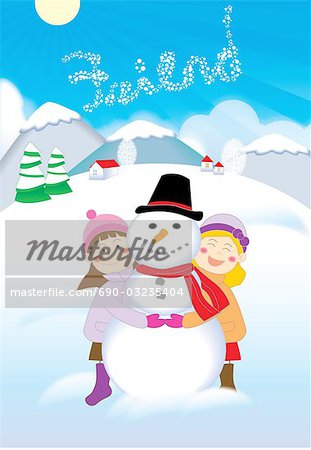 Little girl and little boy holding a snowman