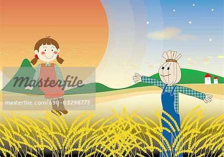 Little girl playing outdoors,illustration