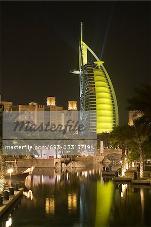 Dubai, UAE, colourfully lit world famous Burj Al Arab hotel, Dubai icon