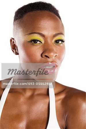 Close up of young African American woman in bikini
