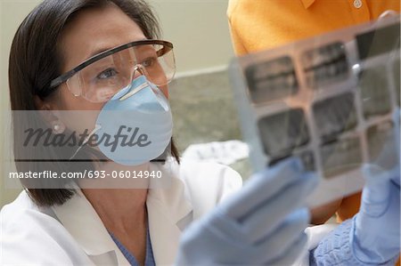 Female dentist and patient examining X-rays, (close-up)