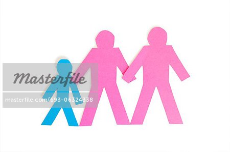 Colored stick figures holding hands over white background