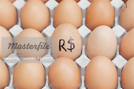 Brazilian currency sign on egg surrounded by plain brown eggs in carton Brazilian currency sign on egg surrounded by plain brown eggs in carton