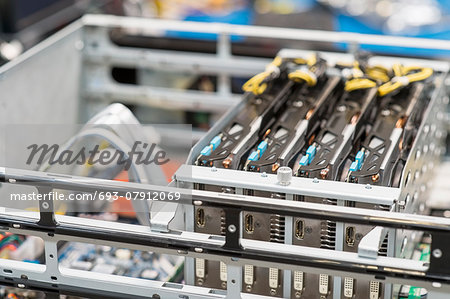 Close-up of video cards in computer manufacturing industry