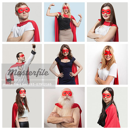 Collage of confident people wearing superhero costumes