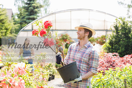 Male gardener examining flower pot with colleague standing in background outside greenhouse