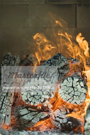 Logs burning in wood oven