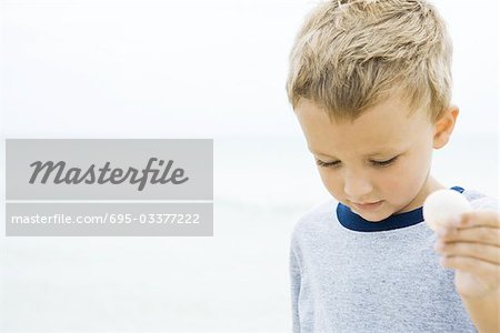 Young boy holding up seashell, looking down, cropped view