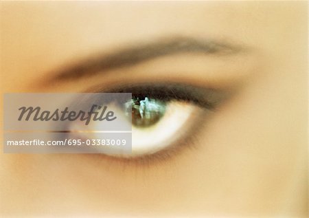 Woman's brown eye looking at camera, blurred close up.