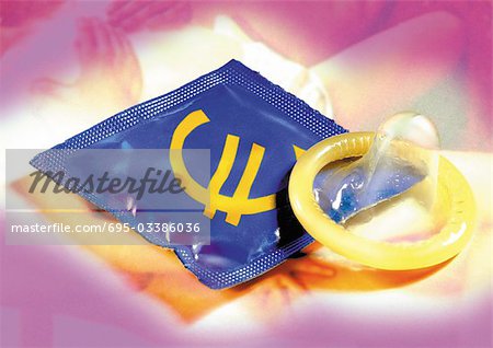 Euro sign printed on condom wrapper Euro sign printed on condom wrapper