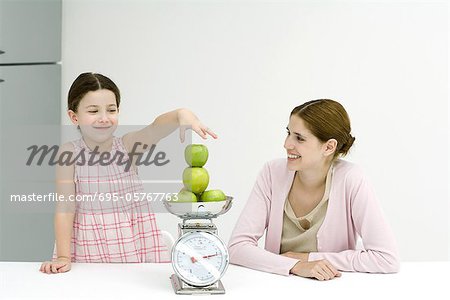 Mother and daughter stacking apples on scale, both smiling
